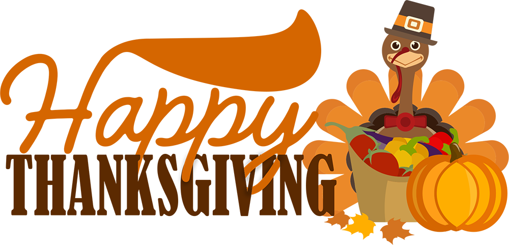 Illustration of a turkey wearing a pilgrim hat and red bow tie, standing beside a pumpkin and a basket of colorful vegetables with the text 'Happy Thanksgiving'.